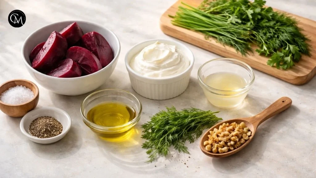 Beetroot verrine layered with creamy cheese and fresh herbs in glass cups