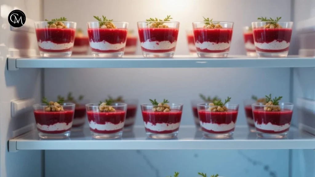 Beetroot verrine layered with creamy cheese and fresh herbs in glass cups