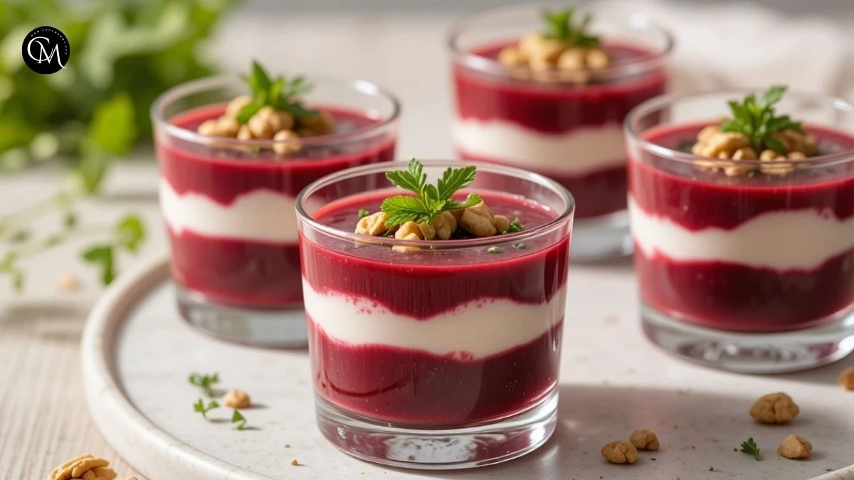Beetroot verrine layered with creamy cheese and fresh herbs in glass cups