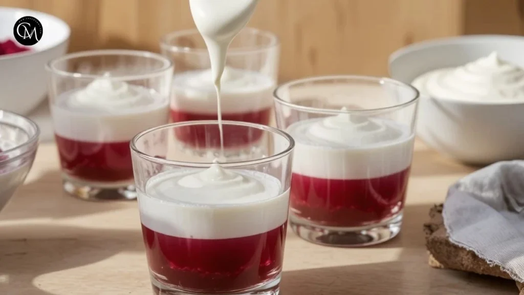 Beetroot verrine layered with creamy cheese and fresh herbs in glass cups