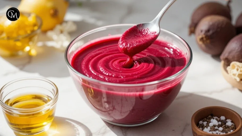 Beetroot verrine layered with creamy cheese and fresh herbs in glass cups